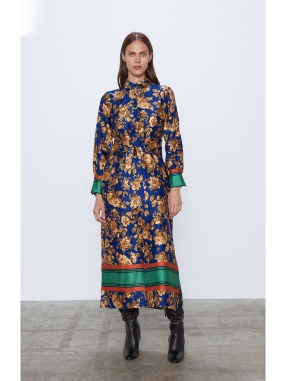 Zara Floral Maxi Shirt Long Sleeve Belted Button Front Boho Scarf Dress. Size XS - Picture 1 of 12